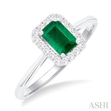 6x4 MM Octagonal Shape Emerald and 1/6 Ctw Round Cut Diamond Halo Precious Ring in 10K White Gold